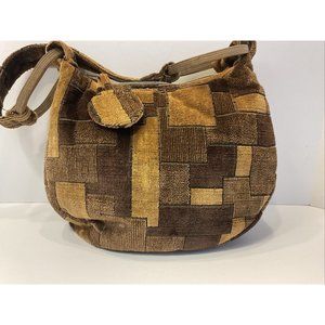 Vintage 1970’s Patchwork Corduroy Shoulder Bag Hippie Boho Hobo Wood